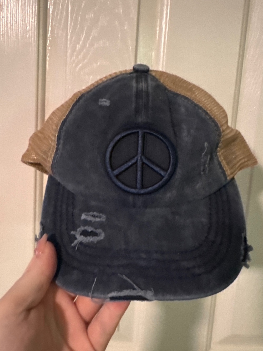 C.C Navy and Tan Peace Sign Trucker Hat